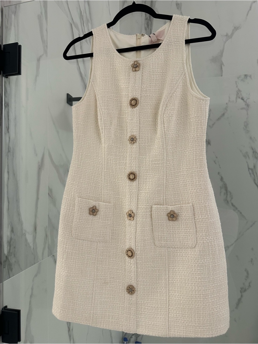 cinq a sept Cream Tweed Mini Dress with Decorative Buttons